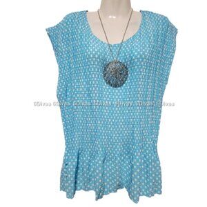 Accordion Style Polka Dot Sleeveless Blue and White Blouse Top Size L